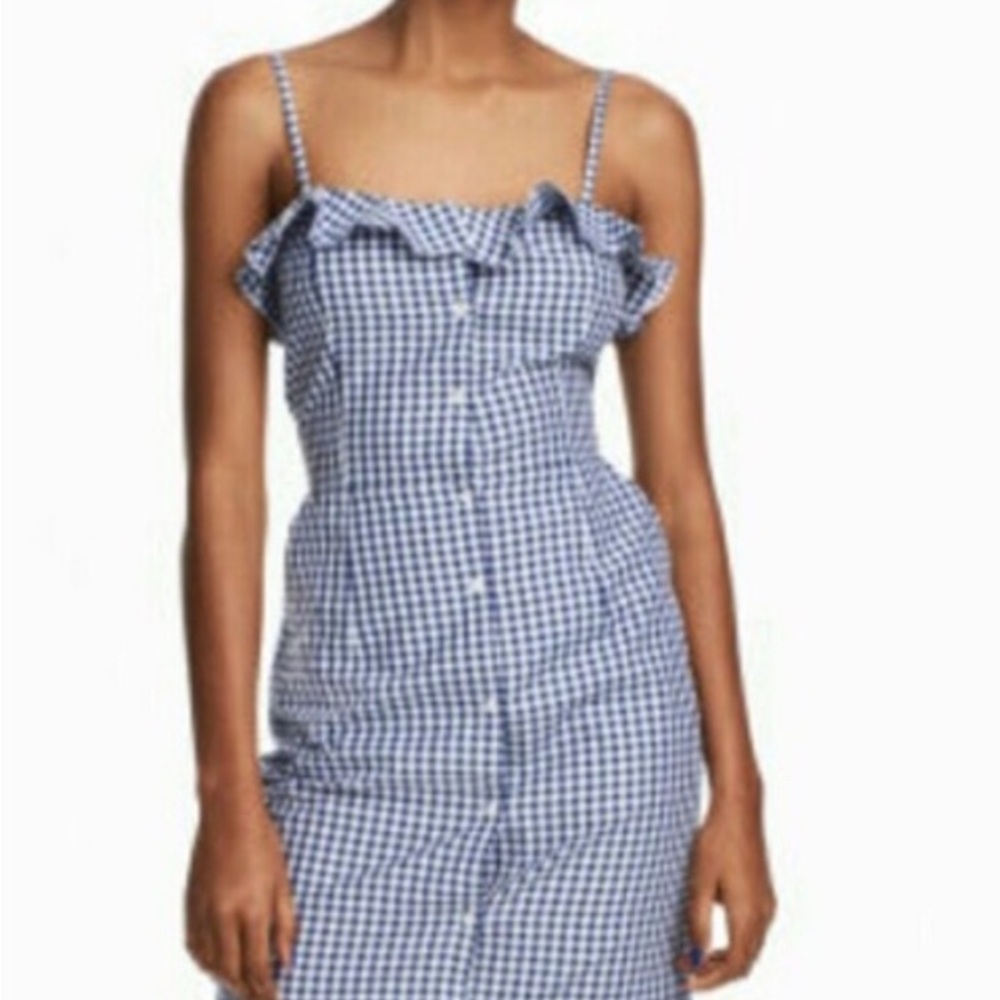 H&M Women’s Blue Gingham Off the Shoulder Ruffle‎ Mini Dress Size 2 EUC